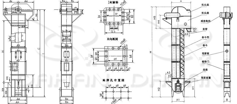 TD/D型斗式提升機(jī)基本結(jié)構(gòu):機(jī)頭蓋,機(jī)頭座,減速電機(jī),直管,底座,緊張裝置等。